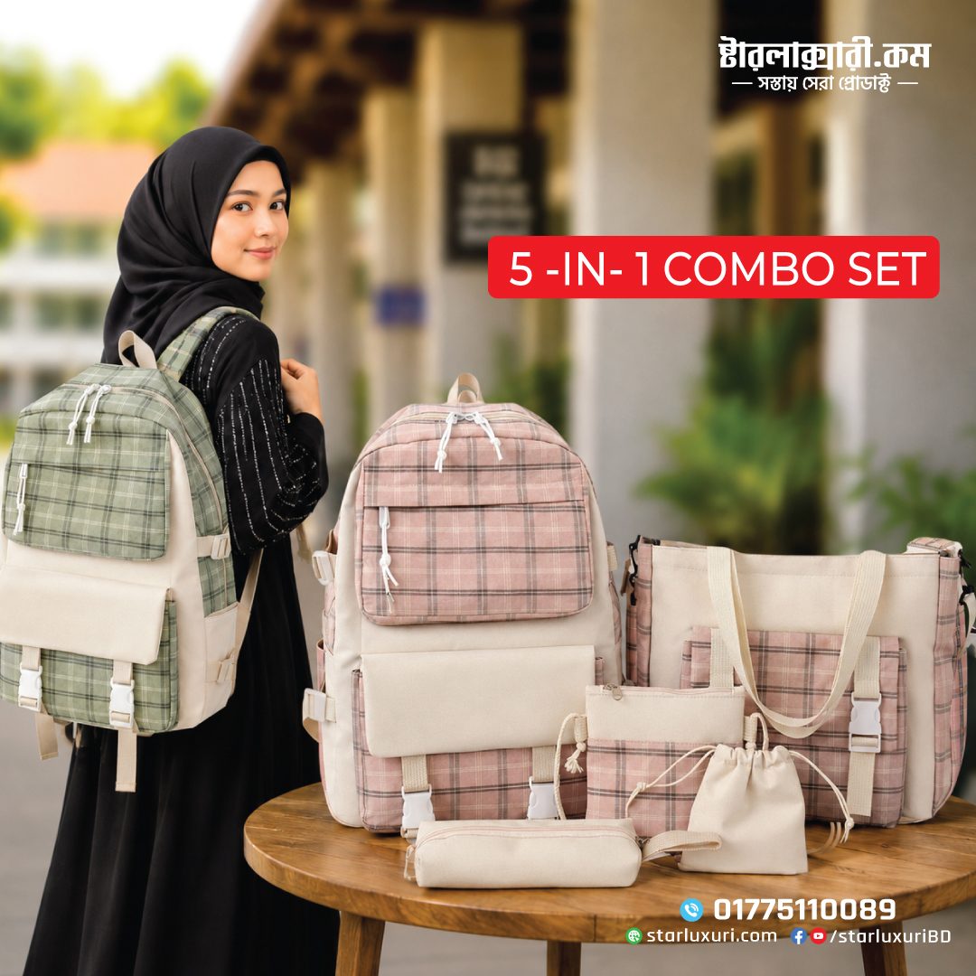 Premium 5-Piece Korean Style Plaid Canvas Backpack Set for Students—Trendy, Waterproof & Versatile Schoolbag Bundle