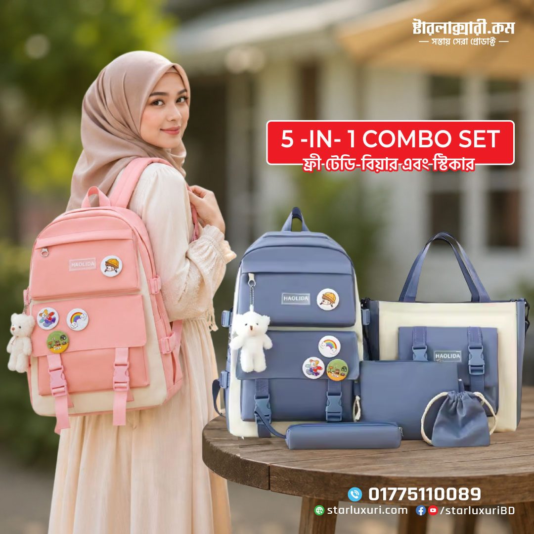 Premium 5-Piece Premium Backpack and Shoulder Bag Set for Women - Large Capacity Travel & College Bags with Cute Bear Pendant
