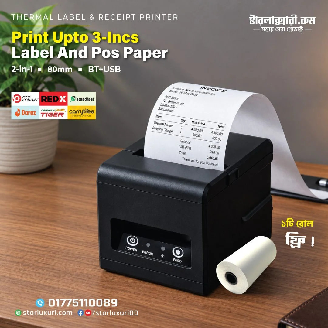 80mm USB & Bluetooth Thermal Receipt and label Printer for Windows, Android, iOS, Linux—Fast Print, Compact & Wireless w